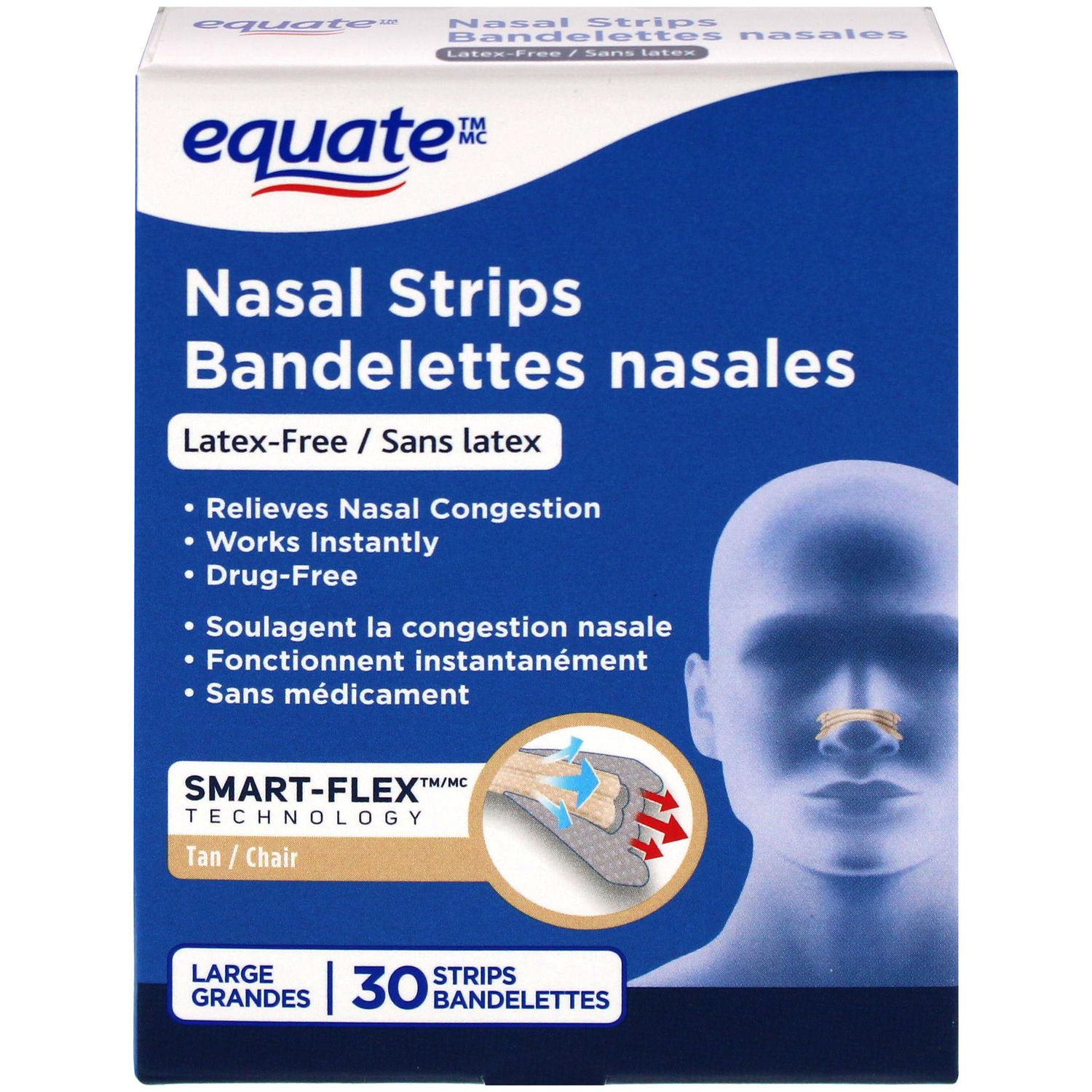 Bandes nasales Equate (couleur beige), soulagement de la congestion sans médicament, grande taille, 30 bandes