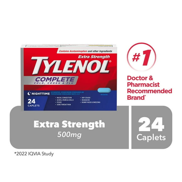 Tylenol Extra fort, Complet Rhume, toux et grippe, Nuit, soulage les symptômes de rhume, toux et grippe 24 caplets