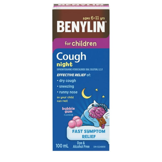 Benylin Enfants, Toux, Nuit, soulage les symptômes de toux, saveur de gomme à bulles, pour les enfants de 6 à 11 ans, sirop, 100 mL