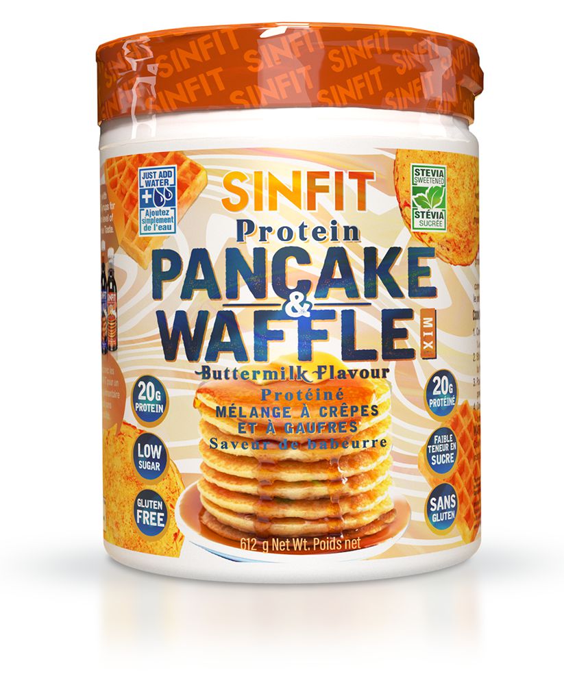 SinFit Protein Pancake & Waffle Mix high-protein pancake and waffle mix for making protein batter; suggests adding blueberries, chocolate chips or nuts and topping with banana, Greek yogurt or Zero Calorie SinFit Syrup. Also suitable as a batter base for protein crepes or muffins.