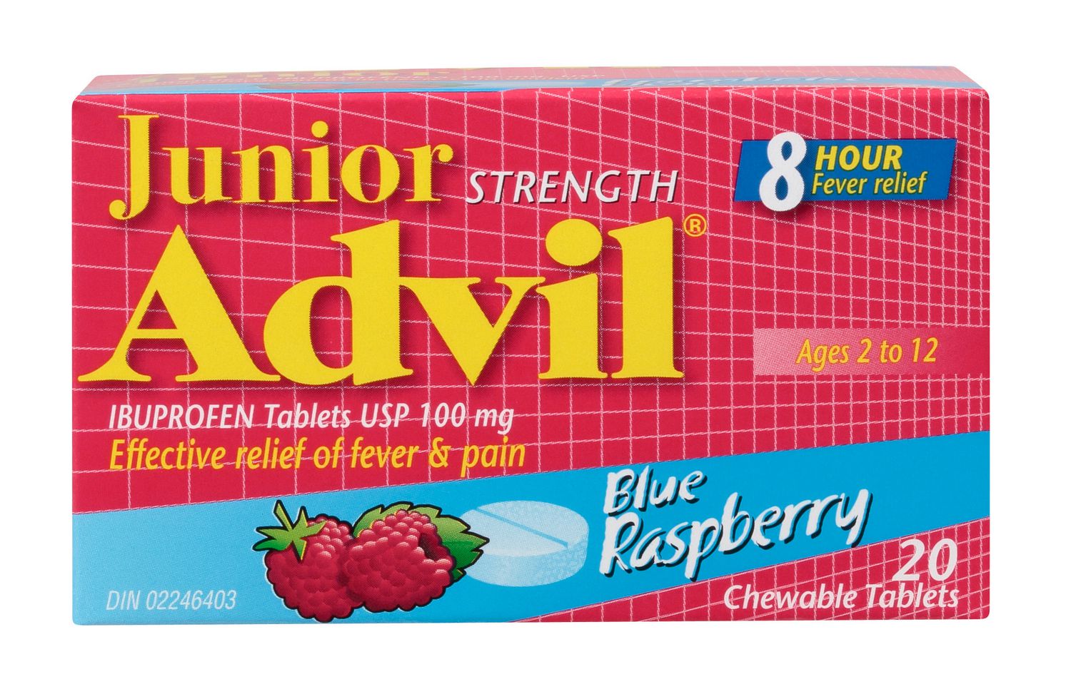Junior Strength Advil Chewable Tablets Blue Raspberry 20s front-facing pack showing Advil junior chewable tablets, blue raspberry flavor, 20 count; ibuprofen 100 mg per tablet, formulated for ages 2–12 for fever and pain relief, clinically proven up to 8 hours.
