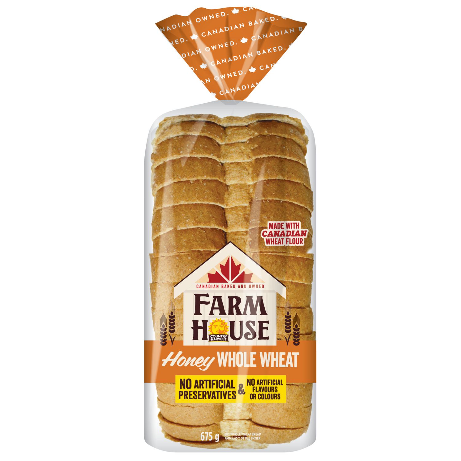 Pain de Blé Entier au Miel Farmhouse, Sans Agents de Conservation, Arômes Ni Colorants Artificiels, 675 g. Pain de Blé Entier Centré à l'Avant dans un Sac de Marque Farmhouse, Tranché à une Extrémité pour Révéler des Miettes Teintes de Miel; Fait avec de la Farine de Blé Canadienne, source de Fibres et 15 Nutriments Essentiels, Idéal pour Sandwichs et toast.