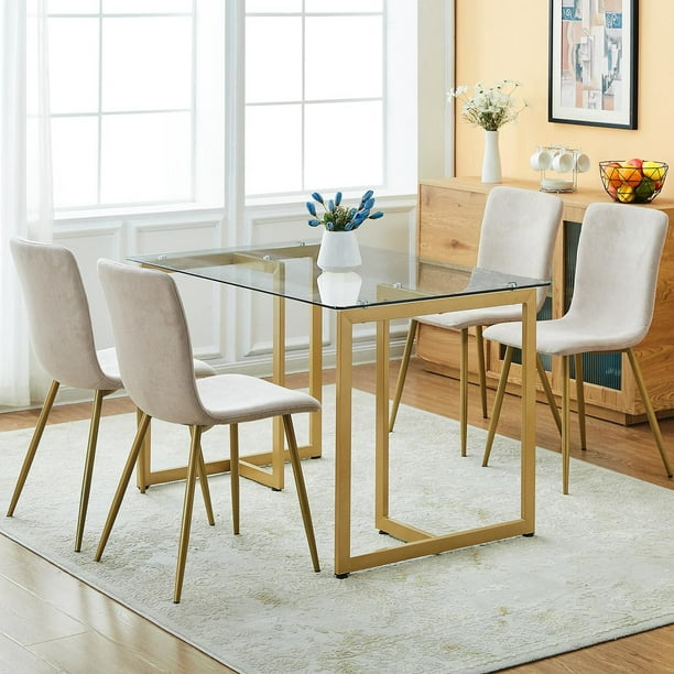 Table à manger avec chaises - Table dorée de salle à manger avec 4 chaises  - Blanc et vert - Table de cuisine moderne - Cdiscount Maison