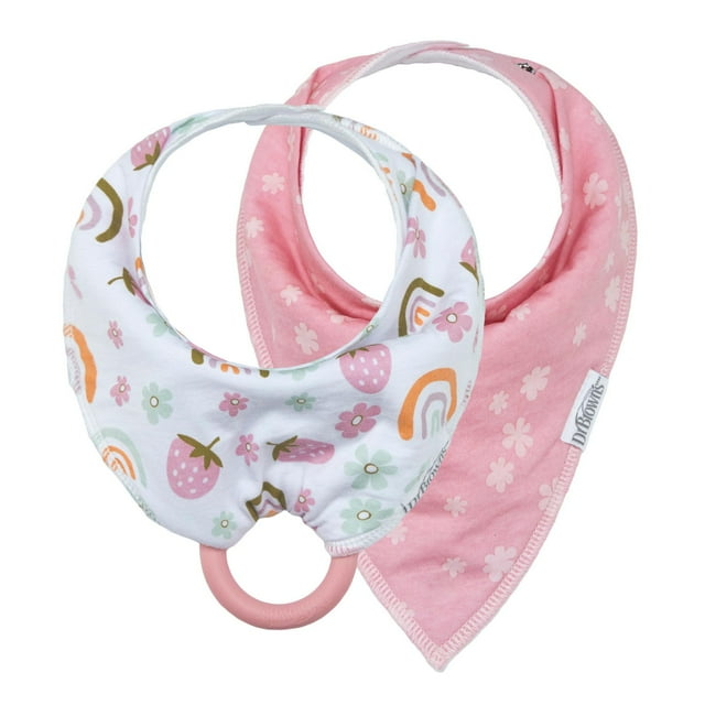 Dr. Brown’s® Bandana Bibs with Removable Teether, Pink Strawberry, Rainbows and Flowers, 2 Pack