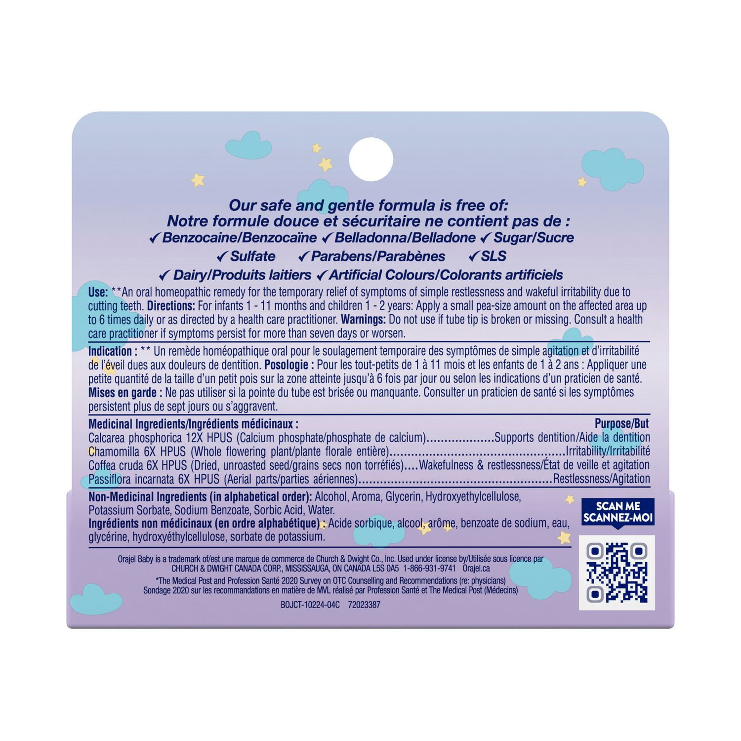 Gel de dentition de source naturelle Formule de nuit Baby OrajelMC 9,4 g, saveur de fruits naturels