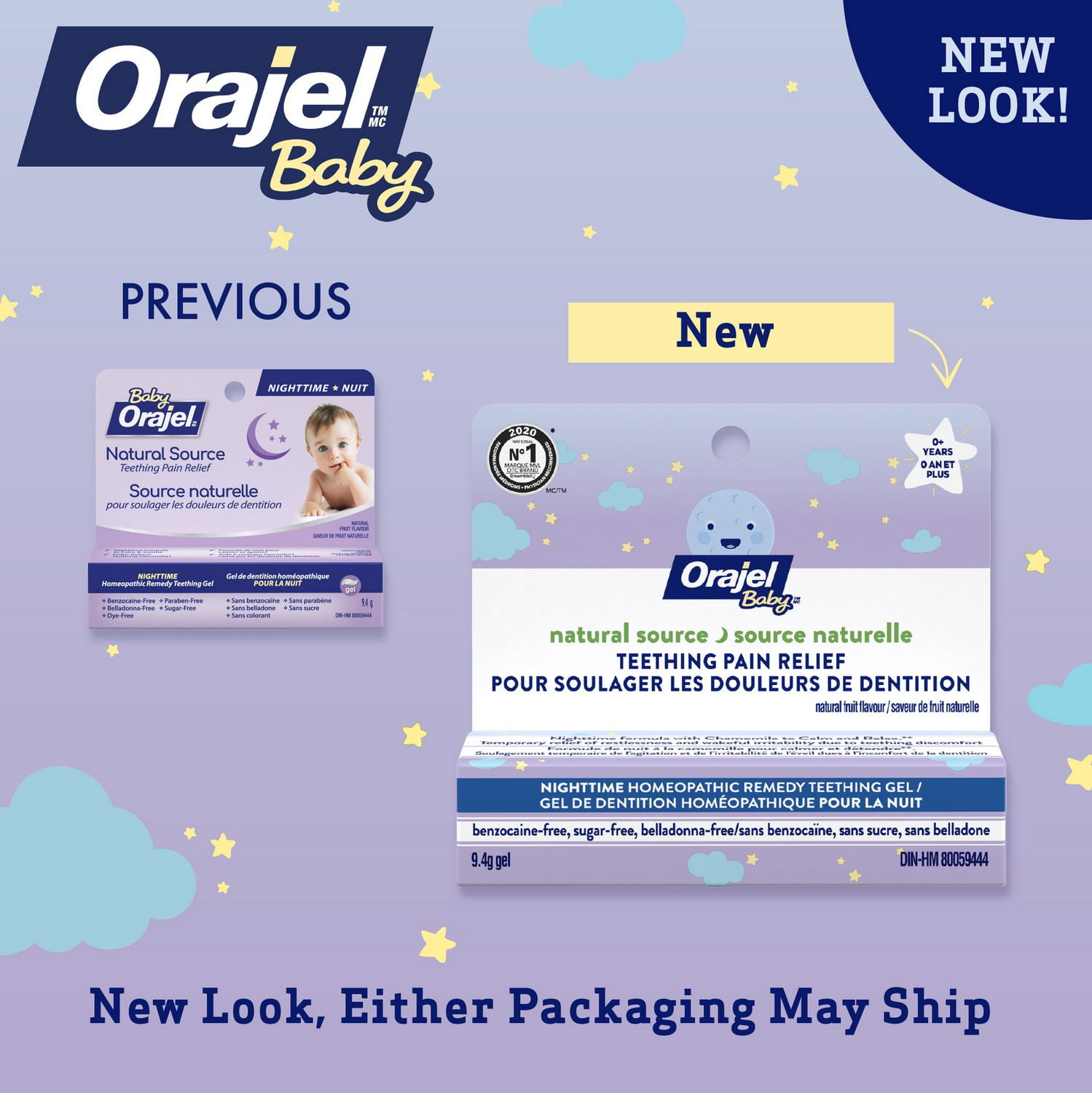 Gel de dentition de source naturelle Formule de nuit Baby OrajelMC 9,4 g, saveur de fruits naturels