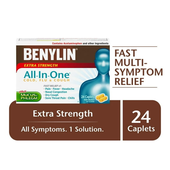 Benylin Extra-puissant, Tout-en-un® Rhume, toux et grippe, Jour, soulage les symptômes de rhume, toux et grippe 24 u