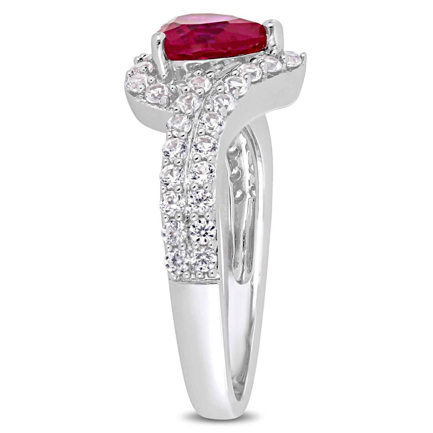 Bague auréole Tangelo avec rubis synthétique de forme cœur et saphirs blancs synthétiques 2-1/2 CT PBT en argent sterling