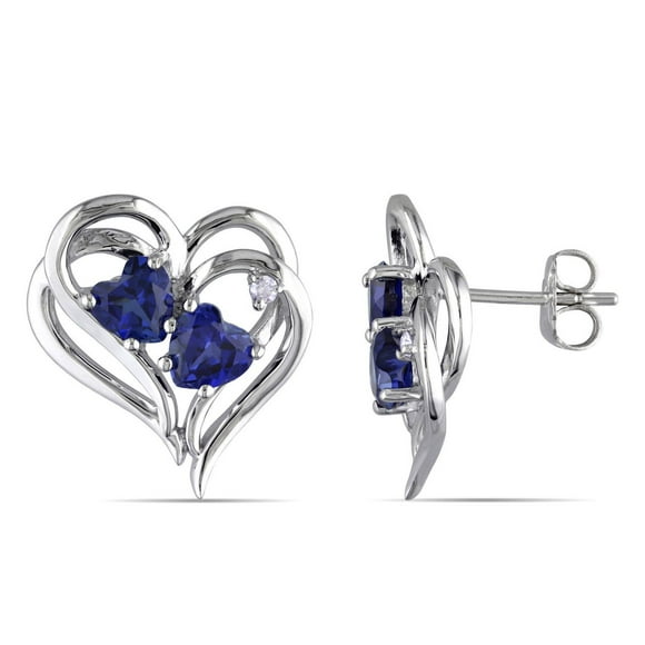 Tangelo 2-1/4 Carat T.G.W. Created Blue Sapphire and Diamond-Accent Sterling Silver Heart Stud Earrings