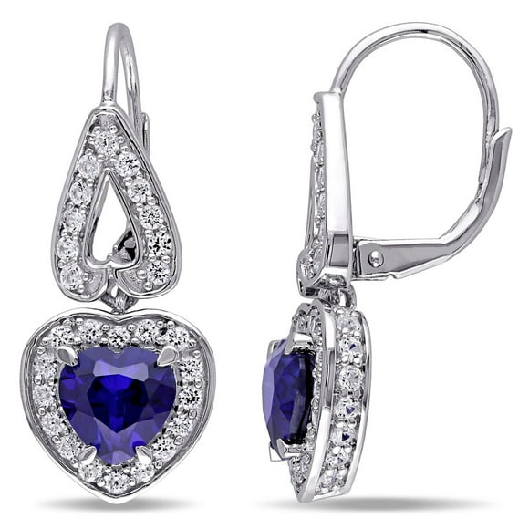 Tangelo 5-1/2 T.G.W. Created Blue and White Sapphire Sterling Silver Heart Halo Earrings