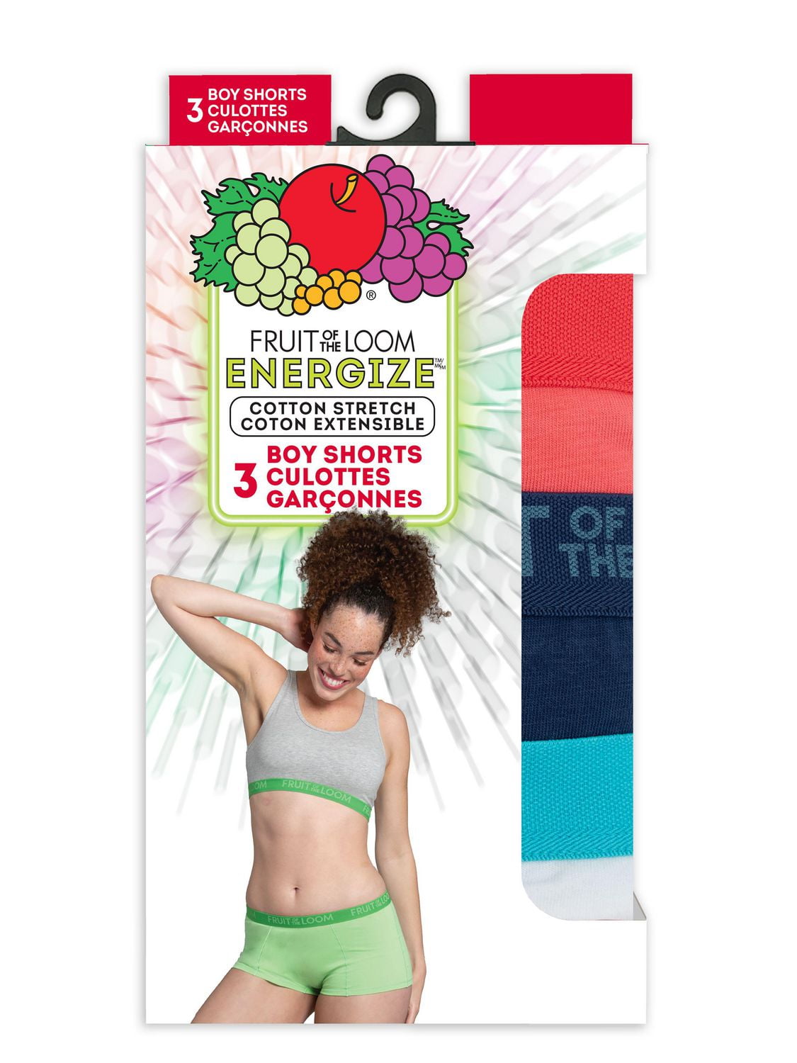 Ladies' ENERGIZE Cotton Stretch Boyshort, Assorted 3 Pack