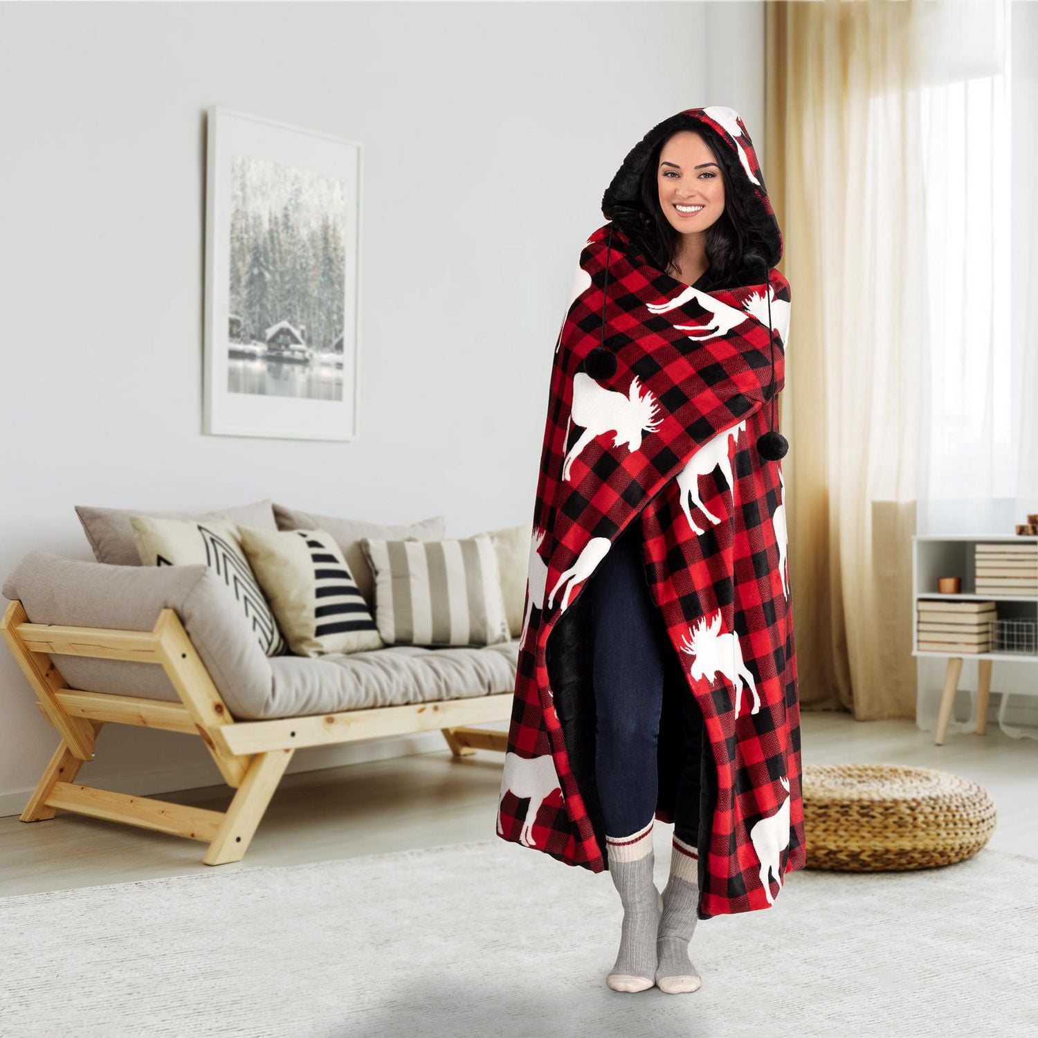 Safdie Co. Hoodzy Blanket Faux Fur Red Plaid Moose Walmart