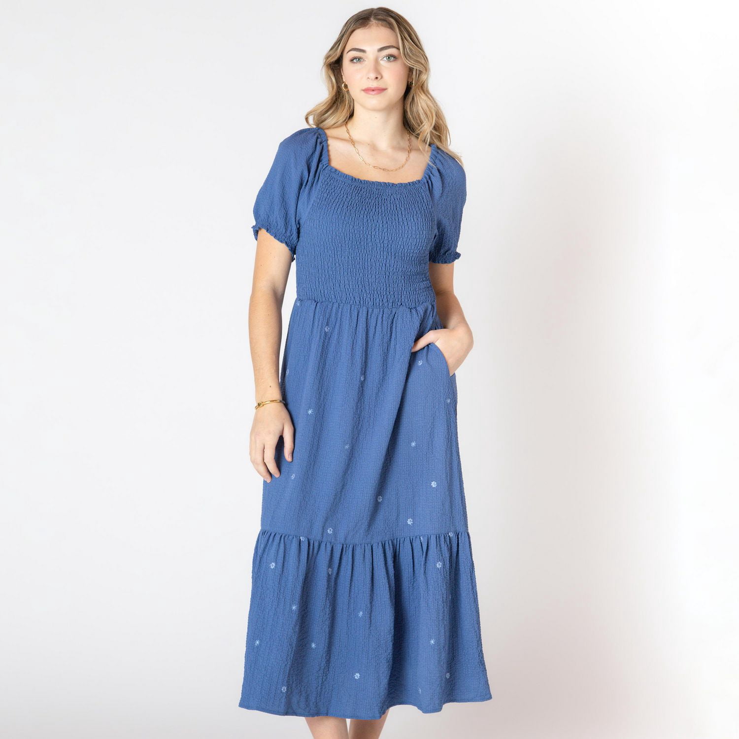 Poly Viscose Embroidered Tiered Calf Length Dress