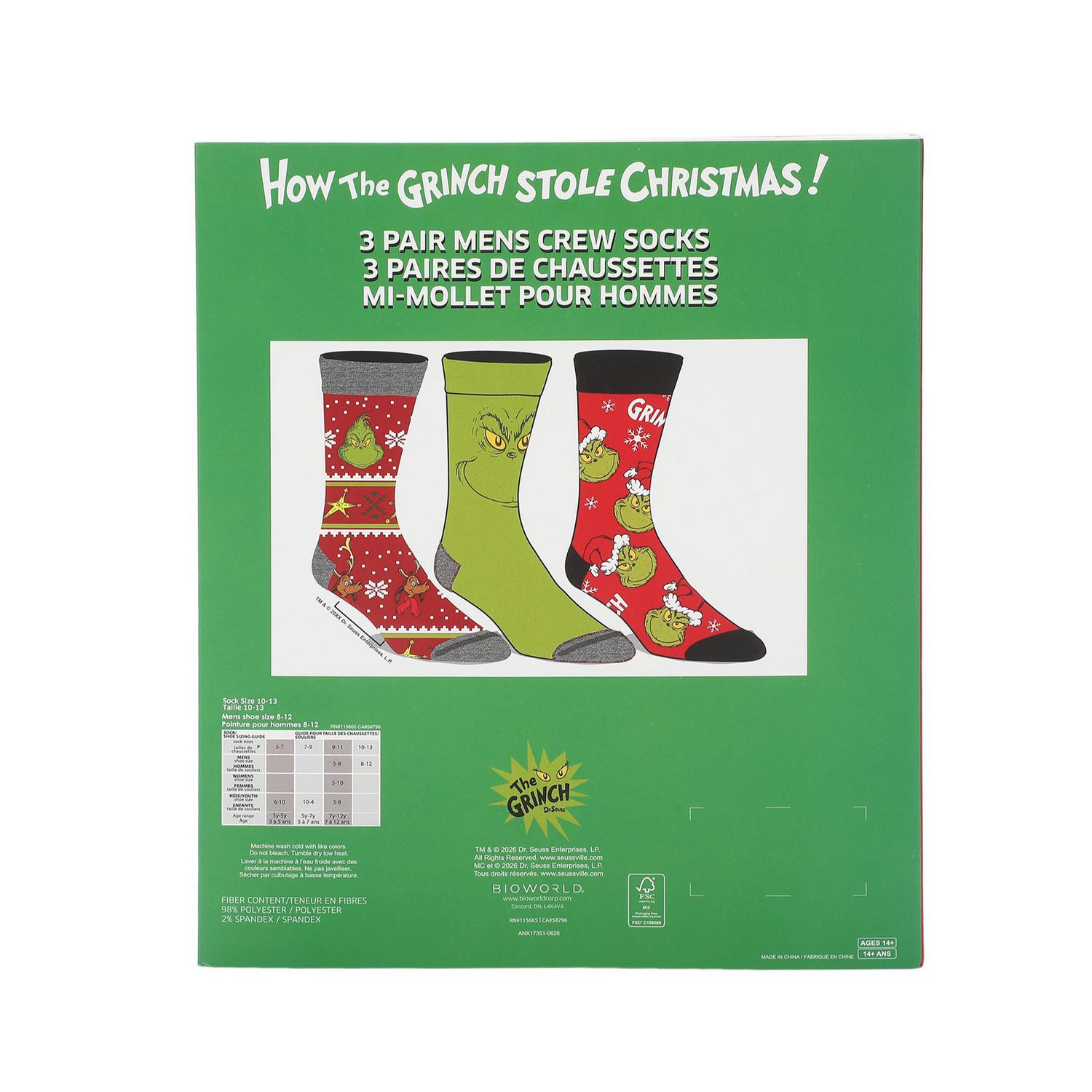 Lot De 3 Paires De Chaussettes Hautes Dr. Seuss Le Grinch Pour Hommes Dans Une Boîte Cadeau De Collection