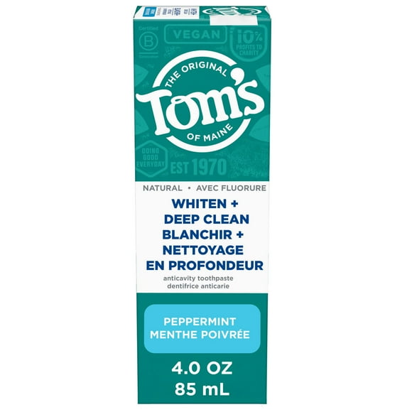 Tom’s of Maine Whiten Plus Deep Clean Whitening Toothpaste, Natural Whitening Toothpaste with Plant-Based Cleansers, Enamel Safe Formula, Whitens Without Causing Sensitivity, Peppermint, 113 g