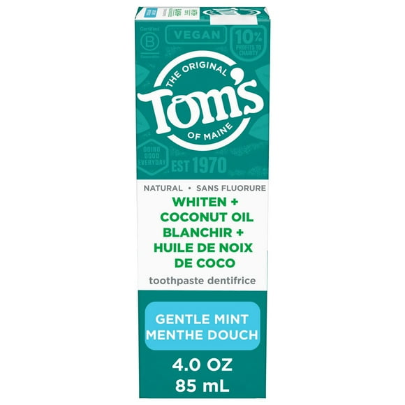 Tom’s of Maine Whiten Plus Coconut Oil Fluoride Free Toothpaste, Natural Whitening Toothpaste with Coconut Oil and Baking Soda, Whitens Without Causing Sensitivity, Gentle Mint, 113 g
