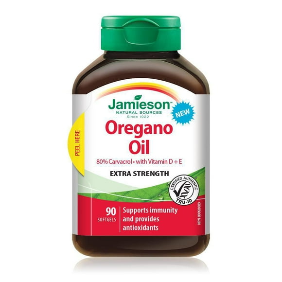 Jamieson Oregano Oil 180 mg Softgels, Extra Strength, with Vitamin D3 1,000 IU and Vitamin E. Supports Immune Health, Antioxidant, Non-GMO, Gluten-Free, 90 Count, Proudly Canadian