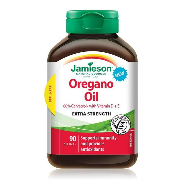 Jamieson Oregano Oil 180 mg Softgels, Extra Strength, with Vitamin D3 1,000 IU and Vitamin E. Supports Immune Health, Antioxidant, Non-GMO, Gluten-Free, 90 Count, Proudly Canadian