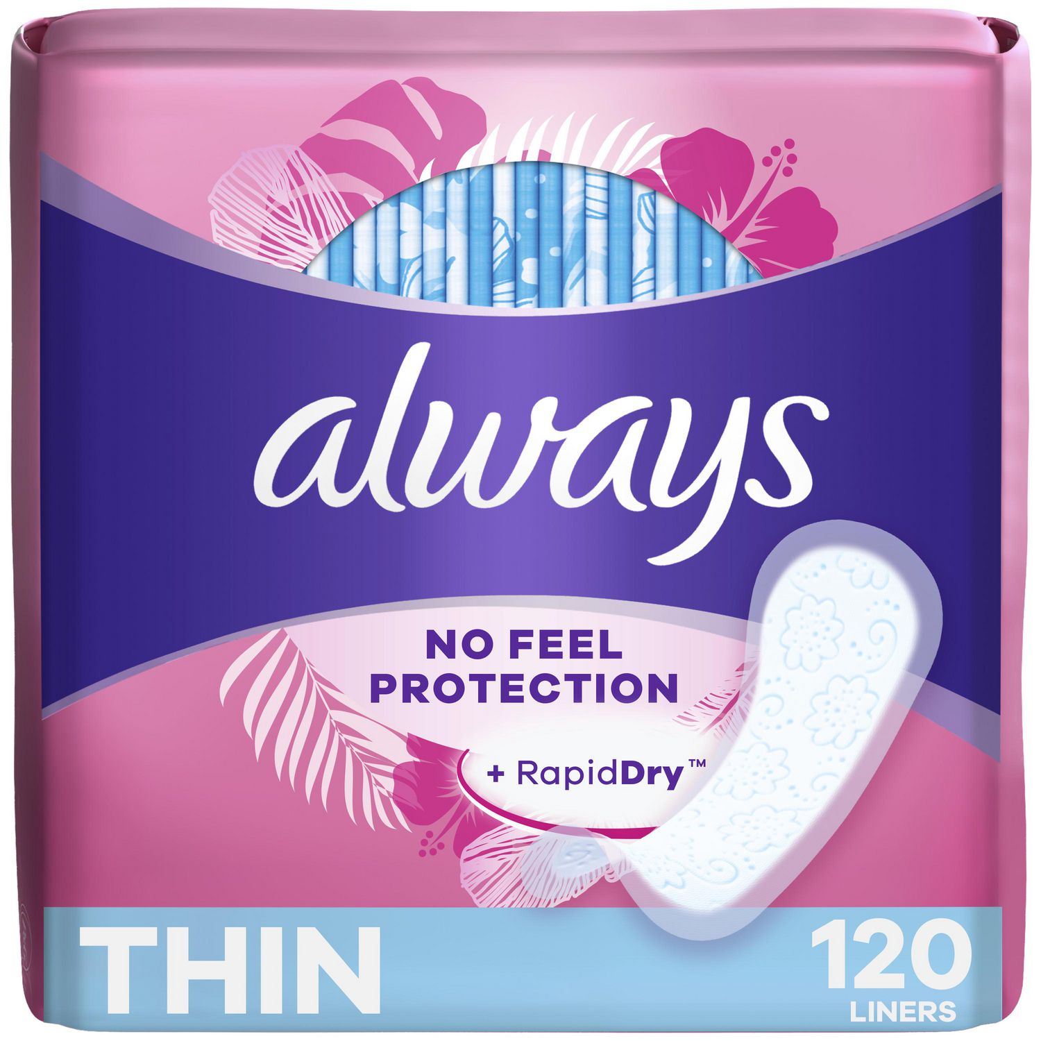 Always Thin No Feel Protection Daily Liners Regular Absorbency Unscented,  Breathable Layer Helps Keep You Dry, 120 Count, Unscented 