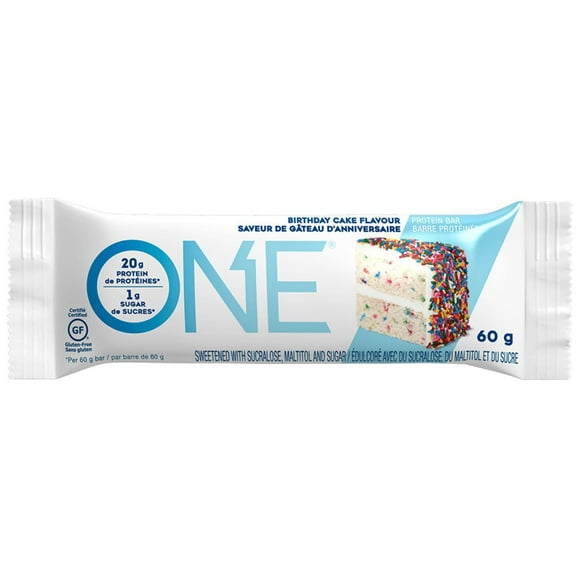 One Protein Bar Birthday Cake, 20g of protein, 1g of sugar