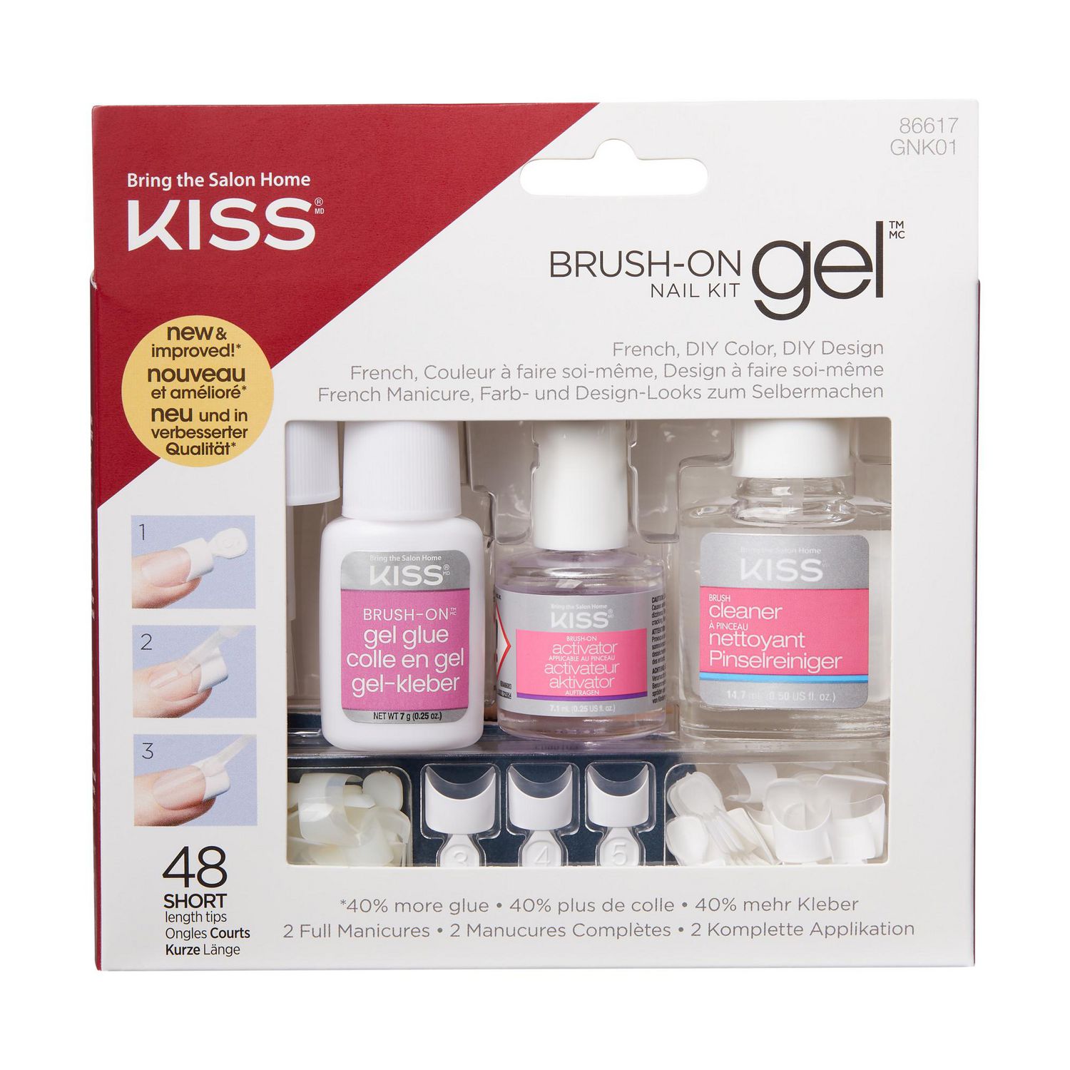 Kiss Brush-on Gel Nail Kit with 48 Short Length Tips 40% more Glue French  DIY | eBay