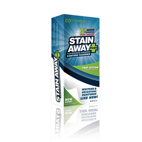 STAIN-AWAY PLUS Denture Cleanser Powder, Whitens and Brightens dentures like new.