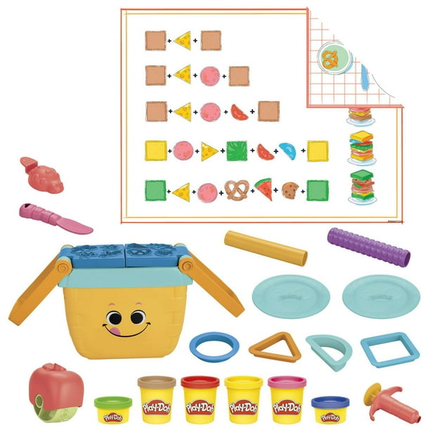 Play-Doh, Pique-nique des formes, jouets préscolaires, loisirs créatifs  préscolaires, aliments factices, 12 outils et 6 couleurs de pâte à modeler