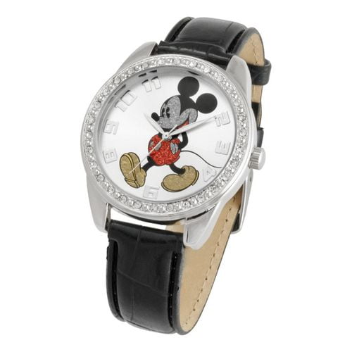 Montre analogique pour adulte Mickey Mouse avec bracelet de croco noir et pierres