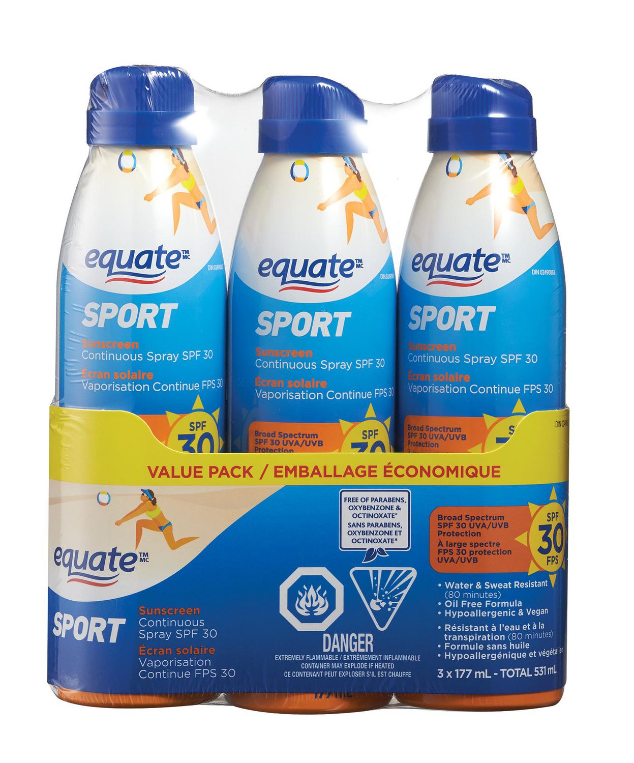 Equate Sport SPF 30 Continuous Spray Sunscreen, 3x177mL 