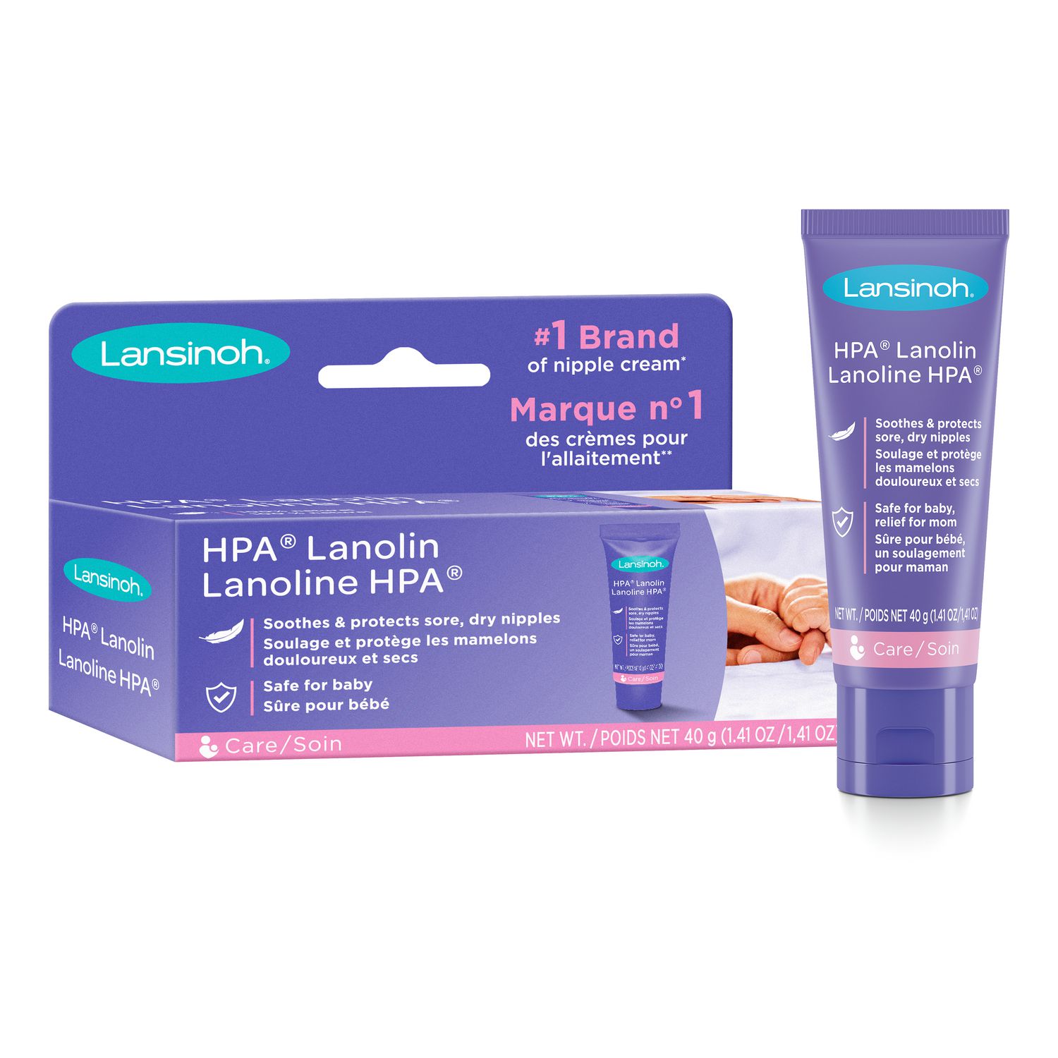 Best nipple cream – Lansinoh Lanolin Nipple Cream tube and a purple box 