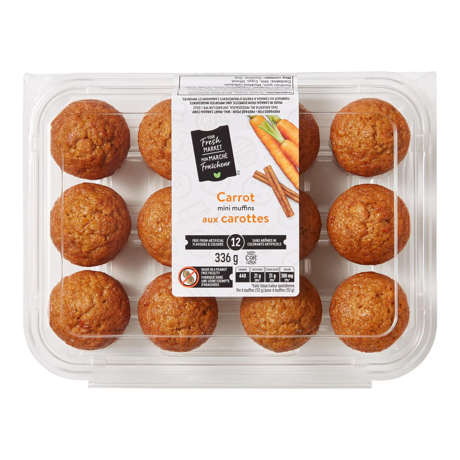 Mini muffins aux carottes Mon mon marché fraîcheur 12 muffins, 336 g au total