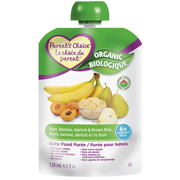 Le choix du parent Nourriture biologique pour bébé Aliments en purée - poire, banane, abricot et riz brun