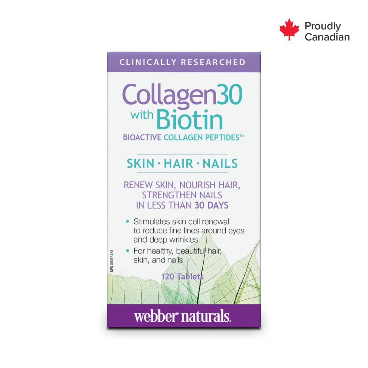 Webber Naturals®, Collagen30 with Biotin. Centered front-facing supplement bottle with white cap and label showing brand and product title, 120 tablets; highlights Verisol collagen peptides and biotin for skin, hair and nails, 3-tablet daily serving. Suitable for carrying daily vitamins while traveling.
