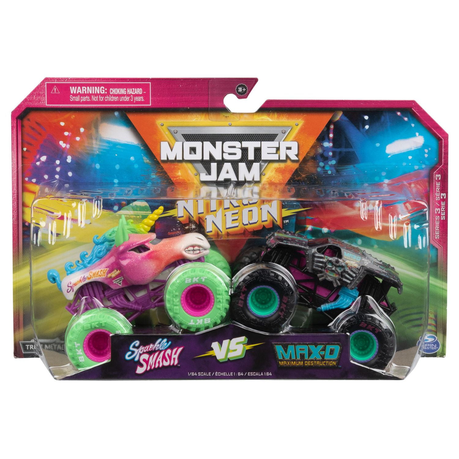 Monster Jam Official Nitro Neon Sparkle Smash Vs. Max D 1 64 Scale Die Cast Monster Trucks Kids Toys for Boys Ages 3 and up