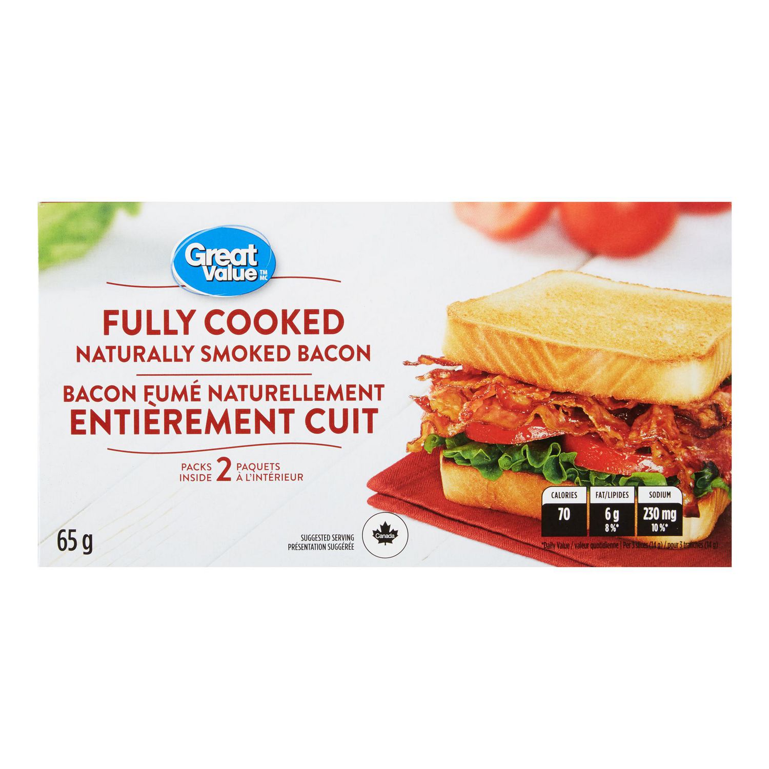 GV Fully Cooked Smked Bacon, GV fully cooked smoked bacon front-facing view of ready-to-eat bacon strips showing browned slices and visible fat, labeled Great Value 65g and microwaveable; ideal for BLT sandwiches and quick breakfasts, suitable as a protein garnish for salads or wraps.