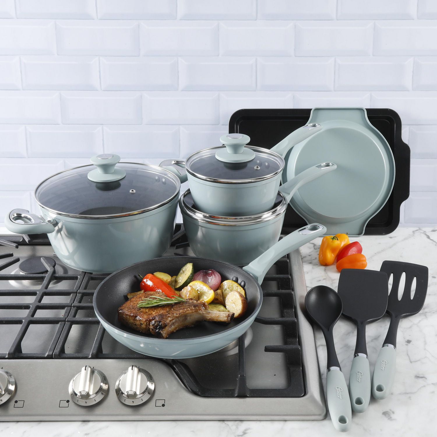"Oster Lynhurst 12Piece Cookware Combo Set, Dusty Blue" Walmart Canada