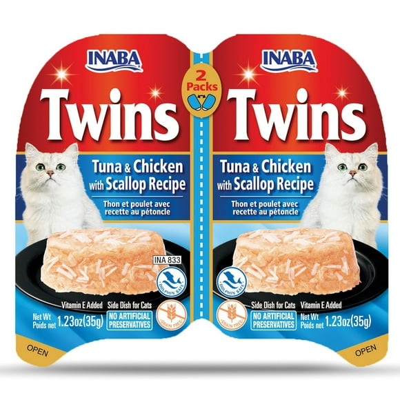 Inaba Twins pour chat, recette au thon et au poulet avec pétoncles, vitamine E ajoutée 70 g - Chacun : 2 tasses de 35 g