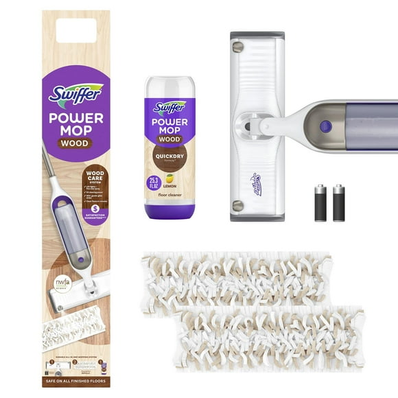 Swiffer PowerMop Wood Mop Kit for Wood Floor Cleaning, QuickDry Solution with Lemon Scent, Mopping Kit Includes PowerMop Wood, 2 Mopping Pad Refills, 1 QuickDry Wood Floor Cleaning Solution with Lemon Scent and 2 batteries, 1KIT