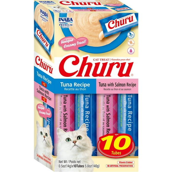 INABA Churu Cat Treats, Grain-Free Lickable Creamy Purée with Vitamin E -Tuna Variety Box 10 Tubes (5xTuna & 5xTuna w/Salmon) 114g