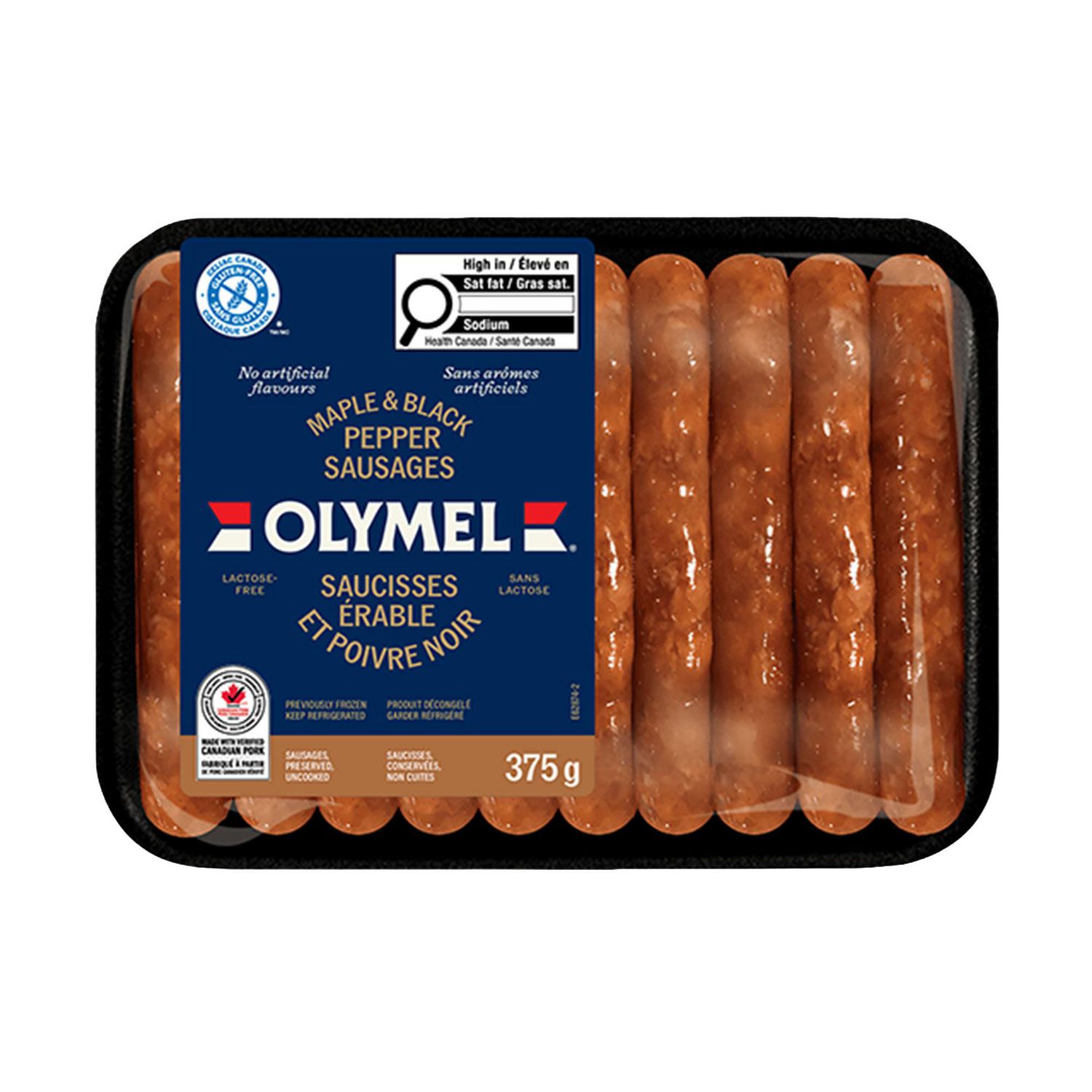 Olymel Maple and Black Pepper Sausages 375g, 37.5 g x 10 sausages, 9 g protein/2 sausages