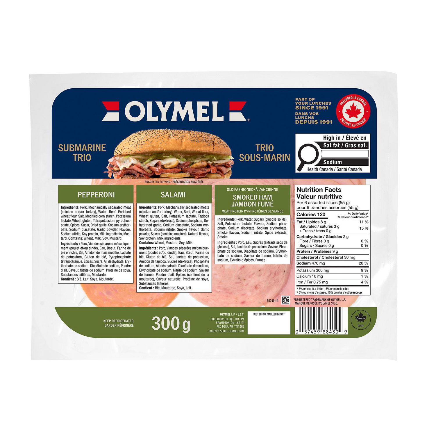 Olymel Sliced Meat Trio Salami,<br>Pepperoni, Smoked Ham, 300g, 3 x 100 g, 300 g total