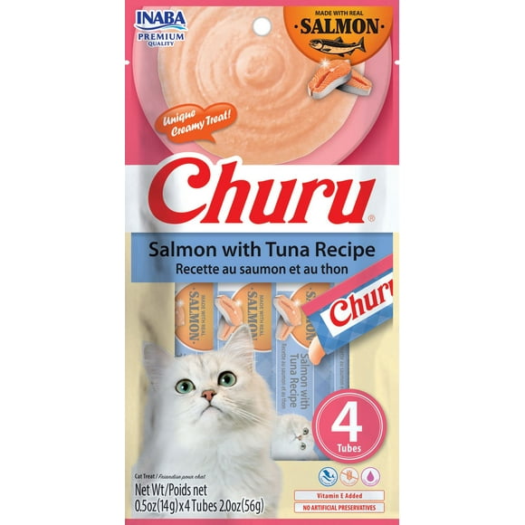 INABA Churu Cat Treats, Grain-Free Lickable Creamy Purée with Vitamin E - Salmon with Tuna Recipe 4 tubes 56g (4x14g)