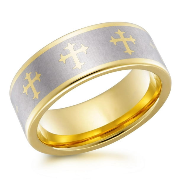 Men's tungsten 8mm ring with crosses and gold edges - Walmart.ca