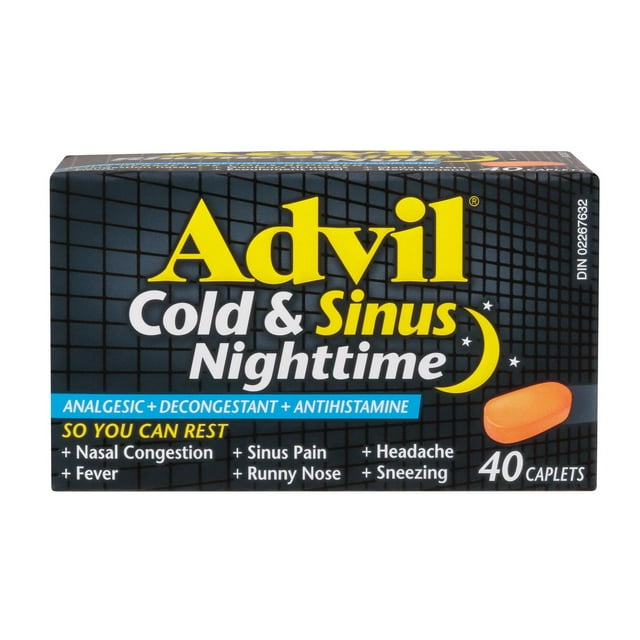 Advil Cold & Sinus Nighttime Caplets with Fever Relief, Nasal Decongestant, and Antihistamine, 40 Count