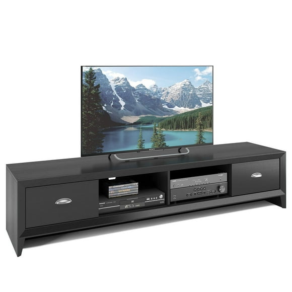 CorLiving Lakewood Meuble TV moderne en bois d'ingénierie noir avec tiroirs pour téléviseurs jusqu'à 85" pour salon et chambre à coucher – Grand meuble TV bas avec rangement, centre de divertissement et table TV