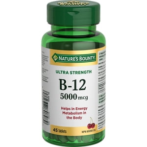 NATURE'S BOUNTY Vitamin B-12, Ultra Strength 5000 mcg, Helps Energy Metabolism, Helps Form Red Blood Cells, Aids Immune System, Prevents Vitamin B-12 Deficiency, Cherry-Flavoured Tablets 45.0 count