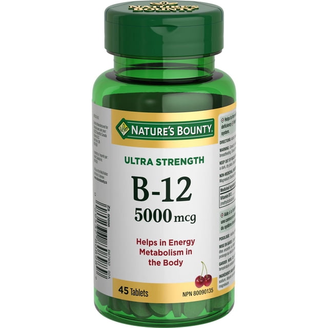NATURE'S BOUNTY Vitamin B-12, Ultra Strength 5000 mcg, Helps Energy Metabolism, Helps Form Red Blood Cells, Aids Immune System, Prevents Vitamin B-12 Deficiency, Cherry-Flavoured Tablets 45.0 count