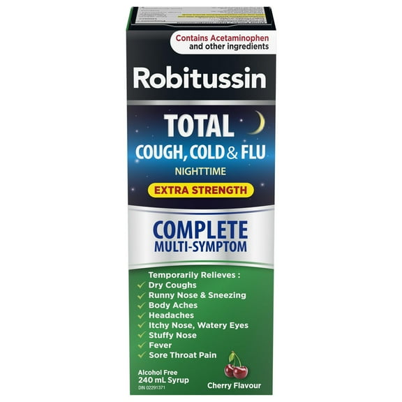 Robitussin Total Cough, Cold & Flu Extra Strength Nighttime Syrup, Alcohol Free, 240 ml