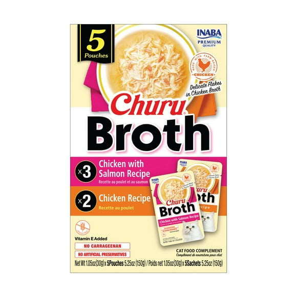 INABA Churu Broth for Cats - Chicken Variety Pack - Poulet avec recette de saumon (3 sachets) et recette de poulet (2 sachets) - Bouillon soyeux avec sachet de plat d’accompagnement de poulet déchiqueté en libre parcours, 30g par sachet, 5 sachets 150g