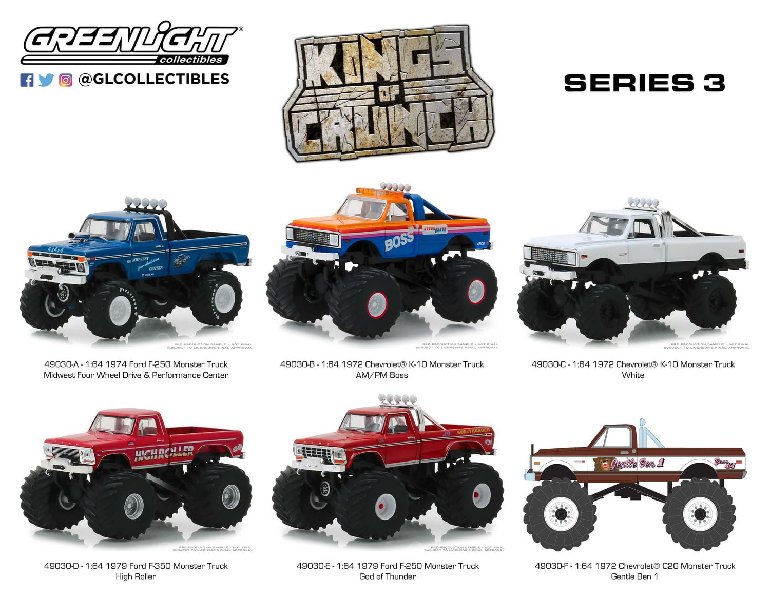 1:64 Kings of Crunch Monster Trucks Die-Cast Vehicles Series 3